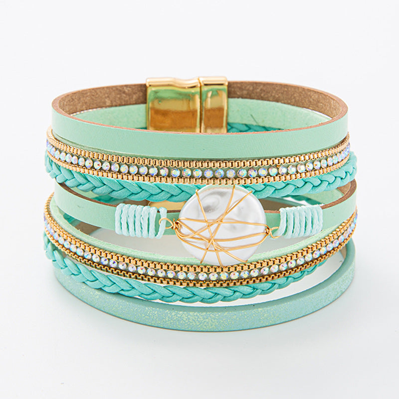 Wholesale Baroque Freshwater Pearl Braided Multi-Layered Leather Bracelet